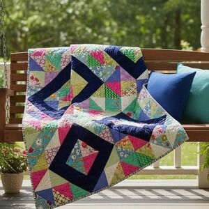Handmade Patchwork Quilt 37x48 Navy Diamond Throw Cottagecore